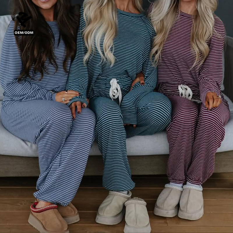 Comfortable Cotton Striped Long Sleeve Loungewear Loose Fit Sleepwear Women