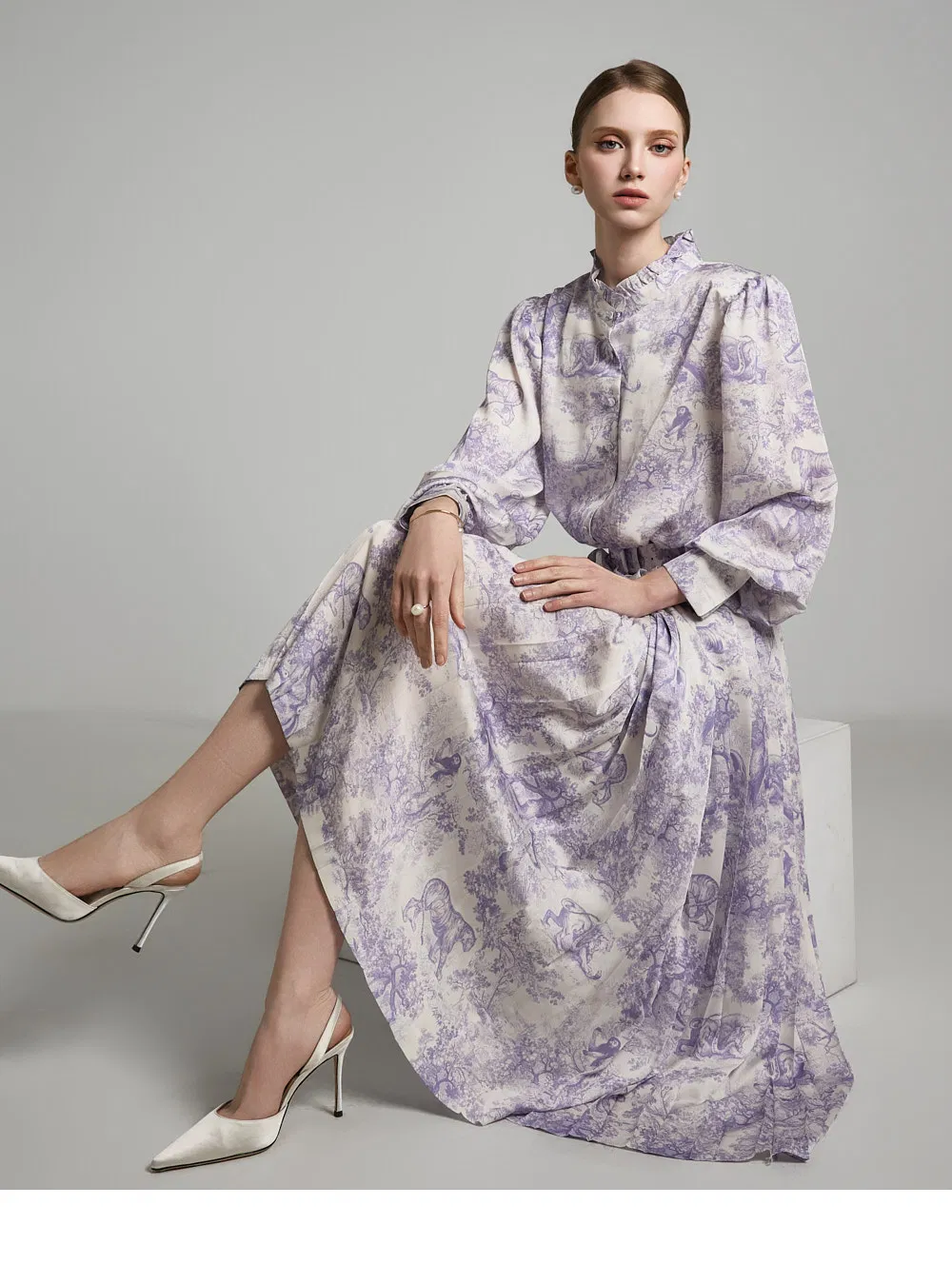 Customized Wholesale Stand Collar Floral Print Waist Belt Design Long Fit Pleat Skirt Shirt Dress for Woman Summer Wear