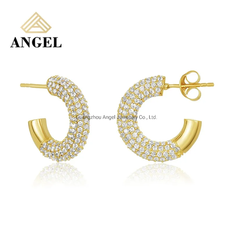 Factory Wholesale Women Accessories 18K Gold 925 Sterling Silver or Brass Custom Fine Jewellery Shining Cubic Zirconia Hoop Earring Fashion Jewelry for Gift