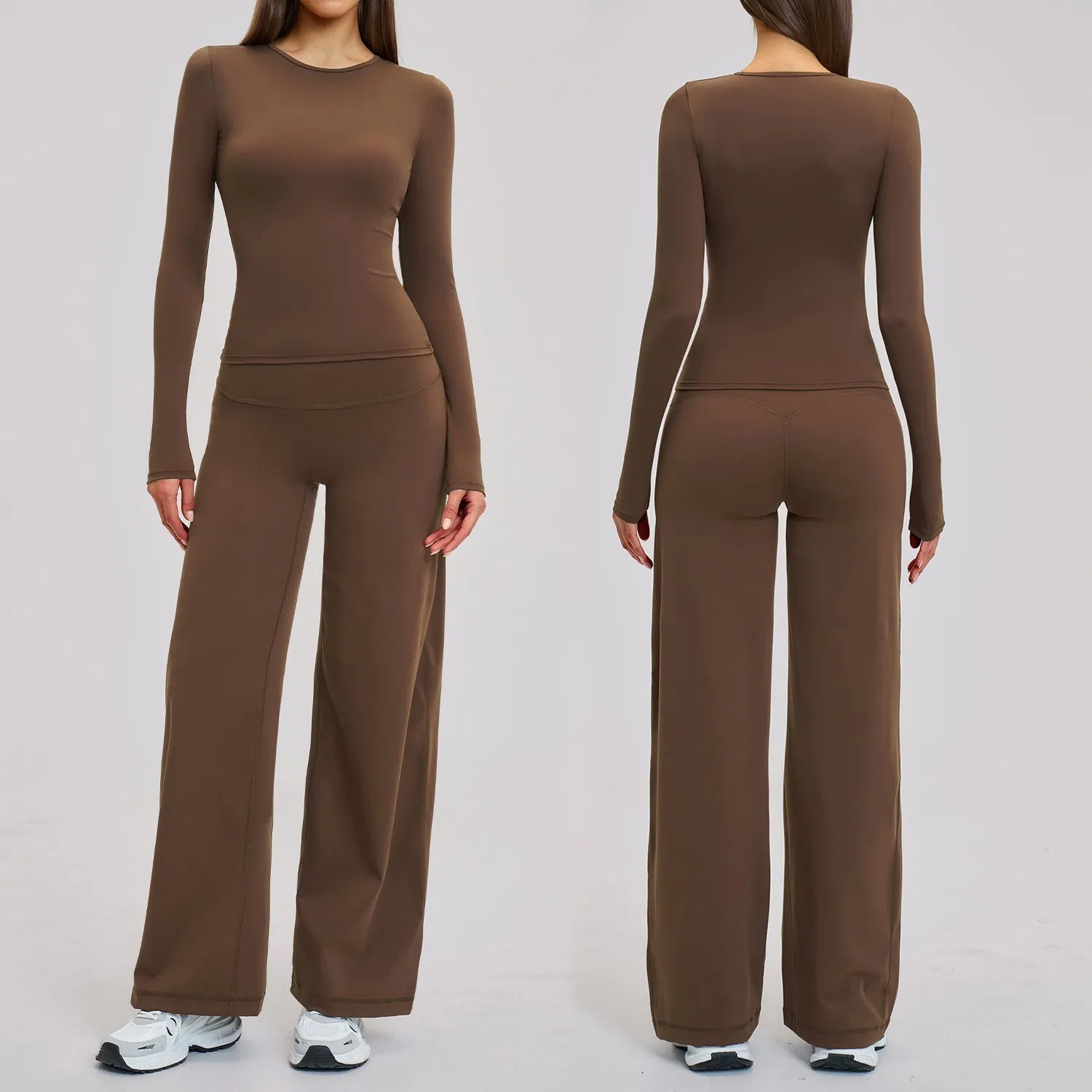 Classic Y2K Yoga Apparel for Women Gym Fitness Outfits Long Sleeve T Shirts Basic Compression Going out Crop Tops Athletic Workout Wide Leg Pants