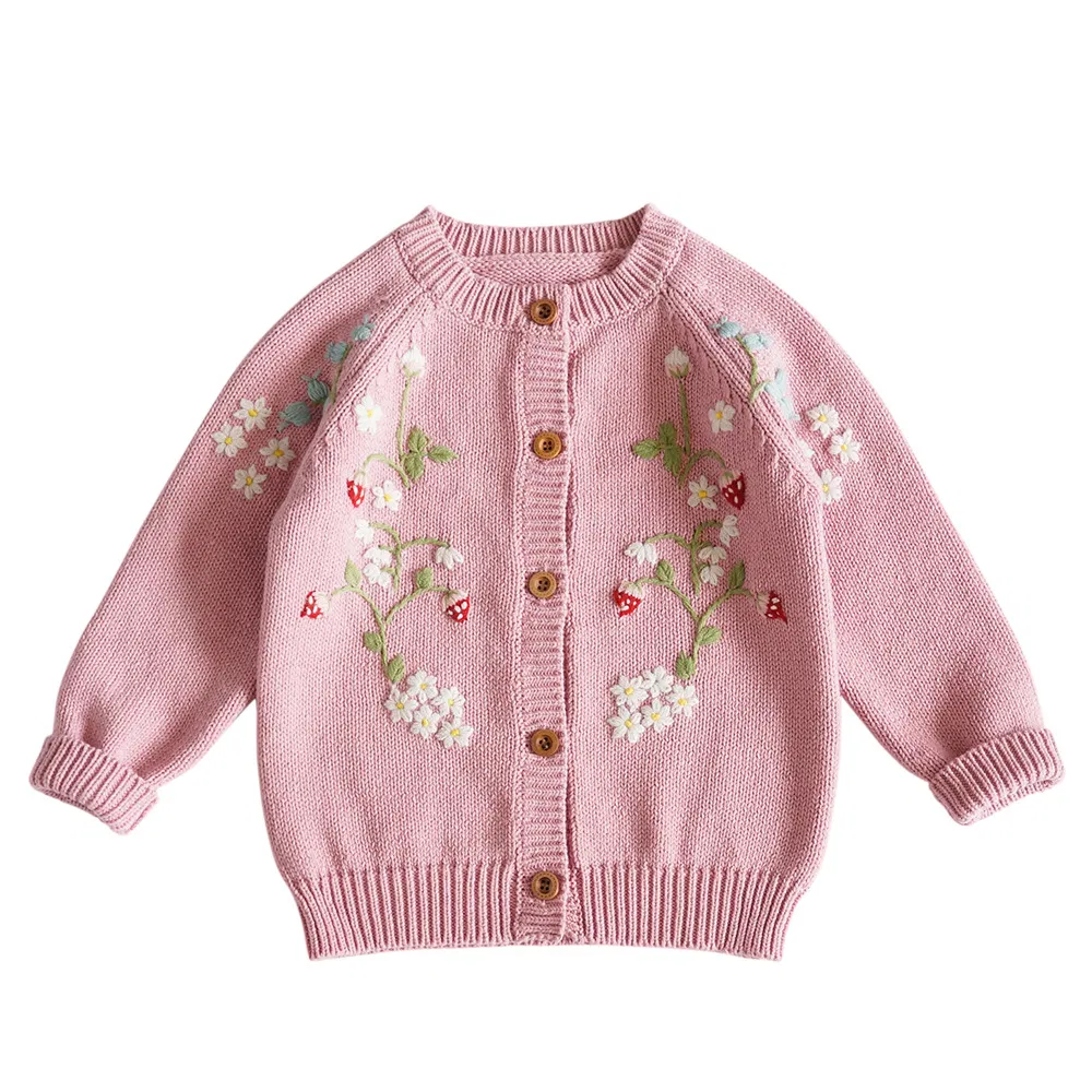 Fashion for Children's Kids Gril Cotton Knitted Coat Flower Print Long Sweater