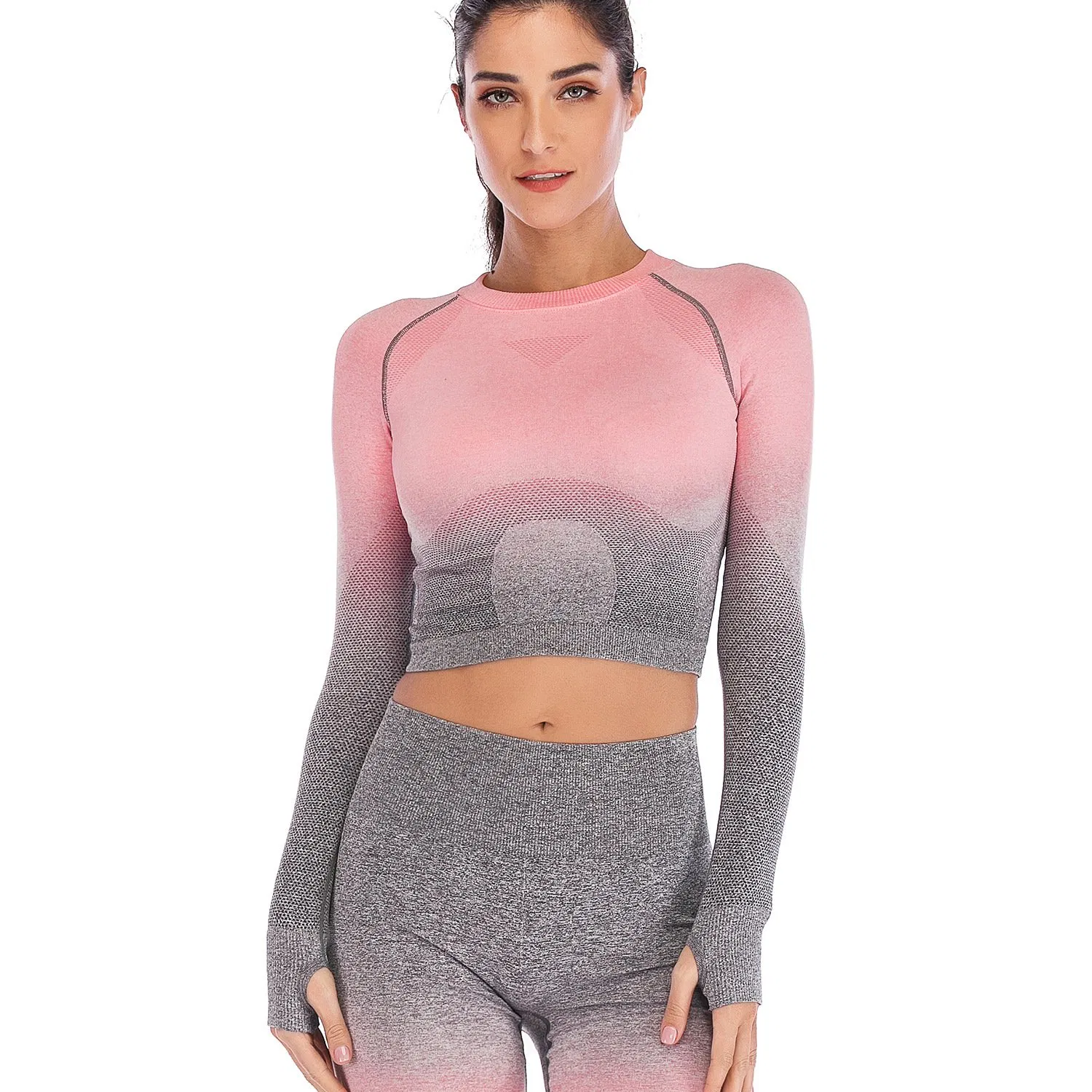 Seamless Gradient Female Outdoors Leisure Fitness Long Sleeve Casual Running Outfit Yoga Top Wear