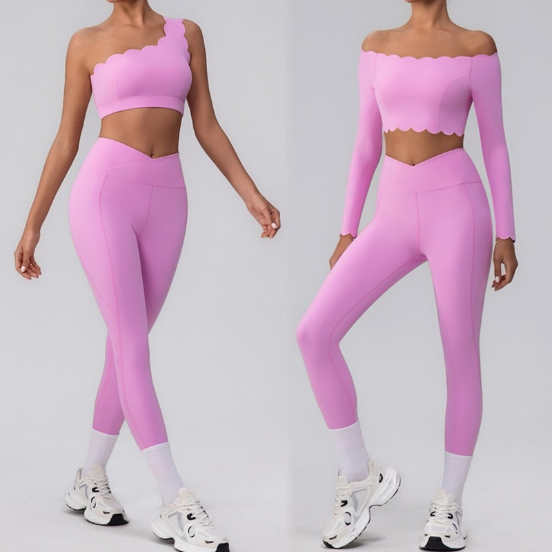 Hot Sale 3PCS Fashion Petal Edge Activewear Set Trendy One Shoulder Bra + Crop Top + Yoga Pants Matching Workout Clothing Premium Running Outfit Suit