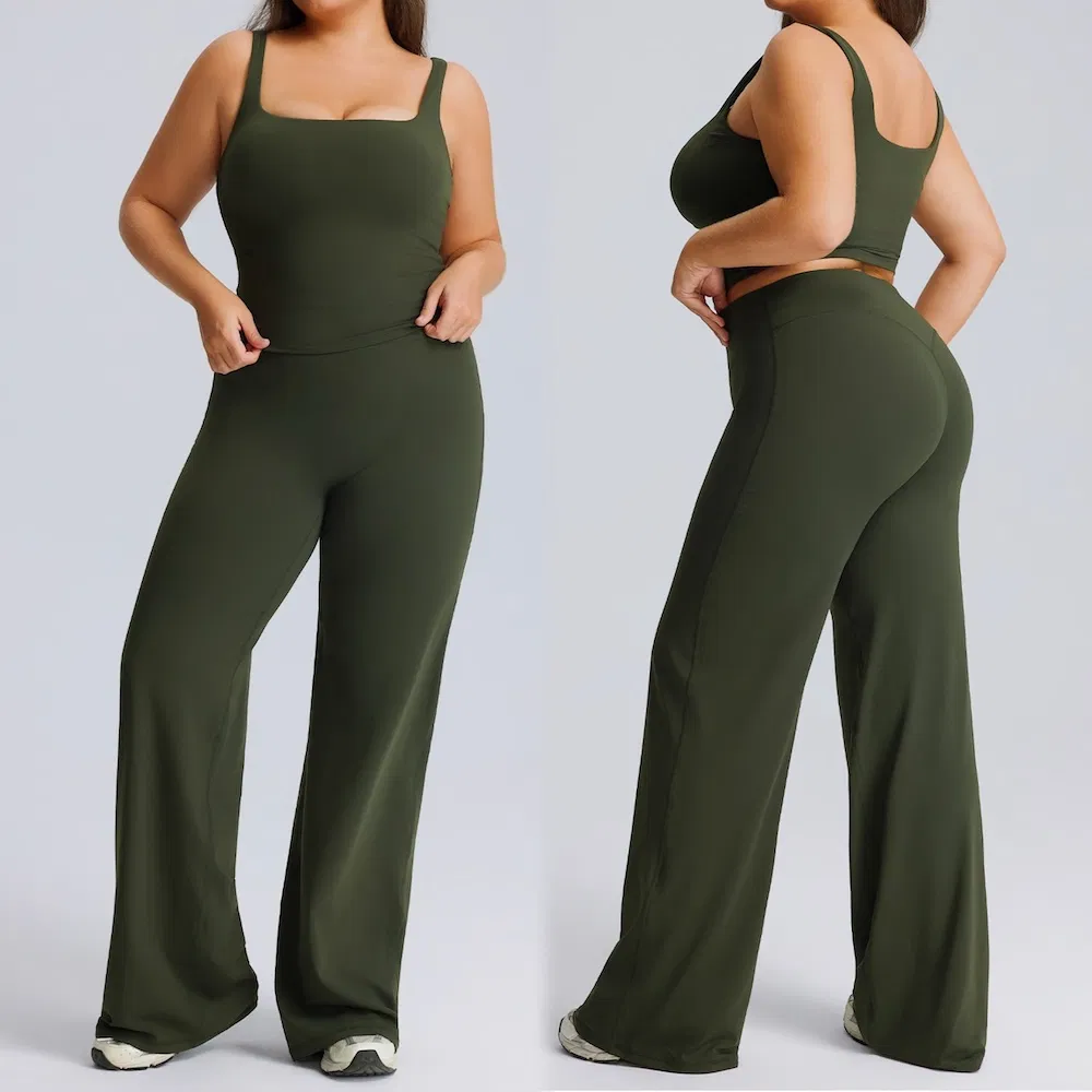 New Listing Two-Piece Plus Size Pilates Fitness Outfits Fashionable Casual Athletic Wear for Women, Square Neck Cami with High Waisted Loose Yoga Pants