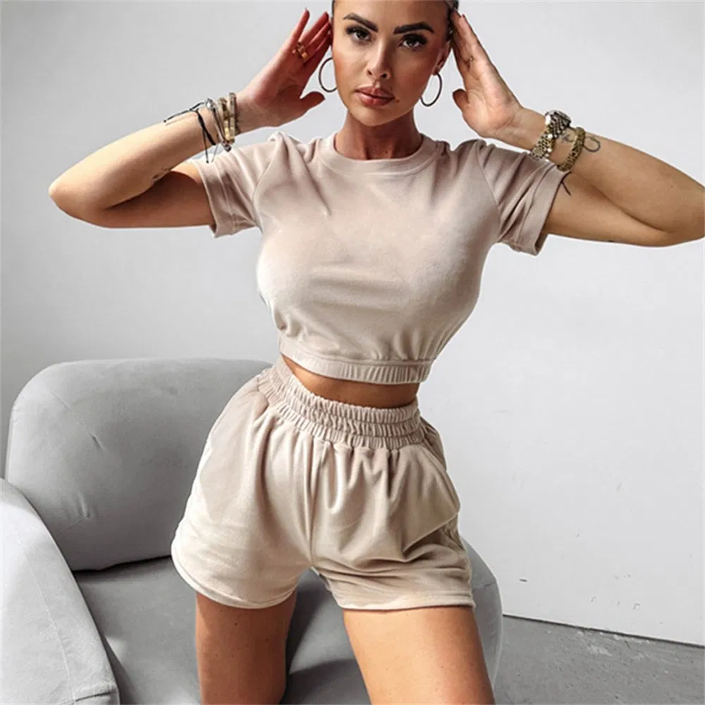 Casual Short Sleeved T-Shirt Shorts Set Solid Color Waistband Leisure Sports Wear