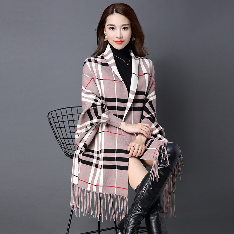 Wholesale Custom Embroidered Scarves Fringe Tassel Bat Sleeves Plaid Sweater Shawls Capes for Women