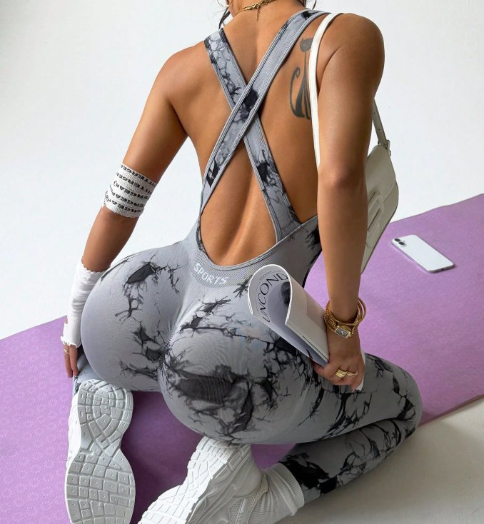 Women's Tie-Dye Criss-Cross Back Jumpsuit, Casual Fitness Sports Wear