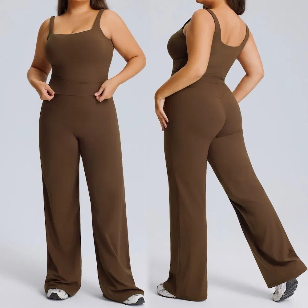 New Listing Two-Piece Plus Size Pilates Fitness Outfits Fashionable Casual Athletic Wear for Women, Square Neck Cami with High Waisted Loose Yoga Pants