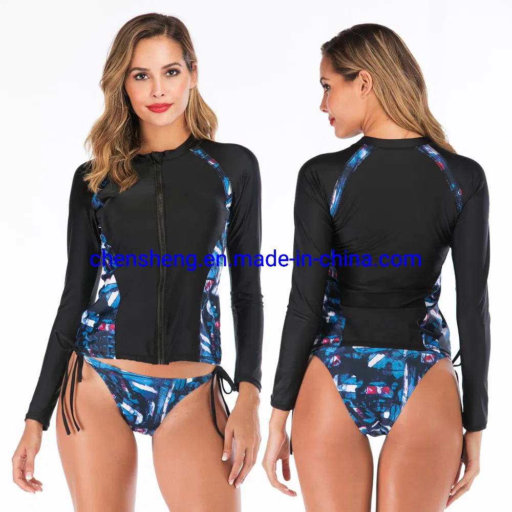 Women Long Sleeve Rash Guard Upf50+ UV Sun Protection Zip Front Swimsuit Shirt Printed Surfing Shirt Top Swimwear and Beach Wear