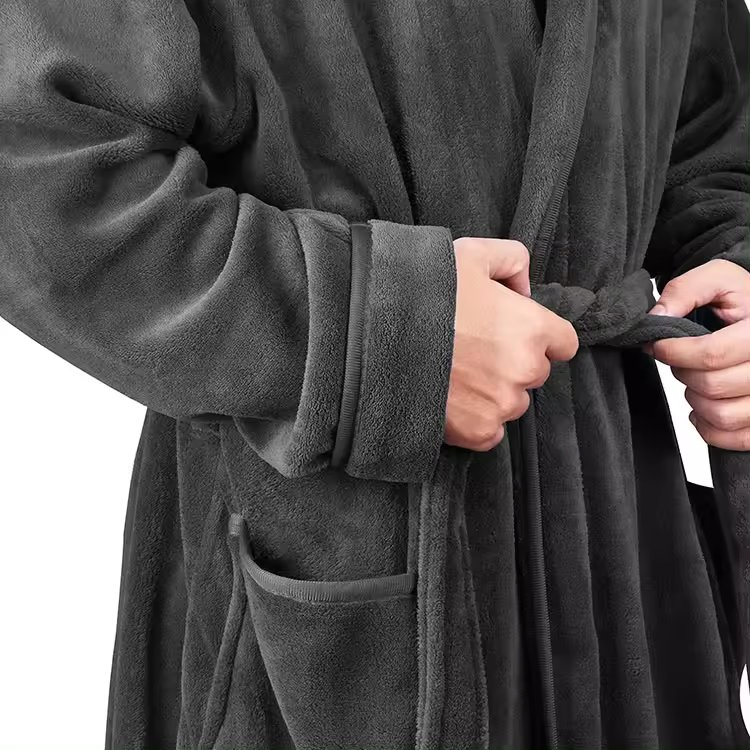 Men Fleece Bathrobe Plush Short Robe Long Sleeve Robe Attached Belt Soft Sleepwear Ladies Loungewear