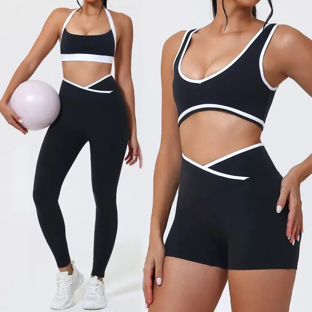 Custom Logo 4 Piece High Quality Activewear Set for Women, Color-Block Fitness Sexy Sports Bra + Gym Shorts + Workout Leggings Matching Pilates Outfits