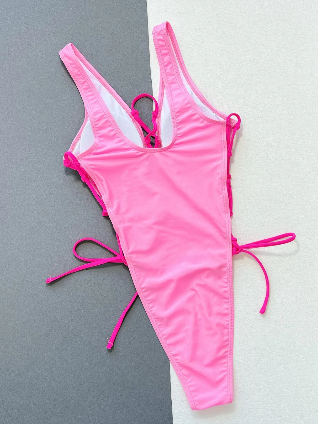 One Piece Swimsuit Women Swimwear Solid Hot Pink Hollow out Lace up Tie Side Monokini Sext Bathing Suit Brazilian Beachwear