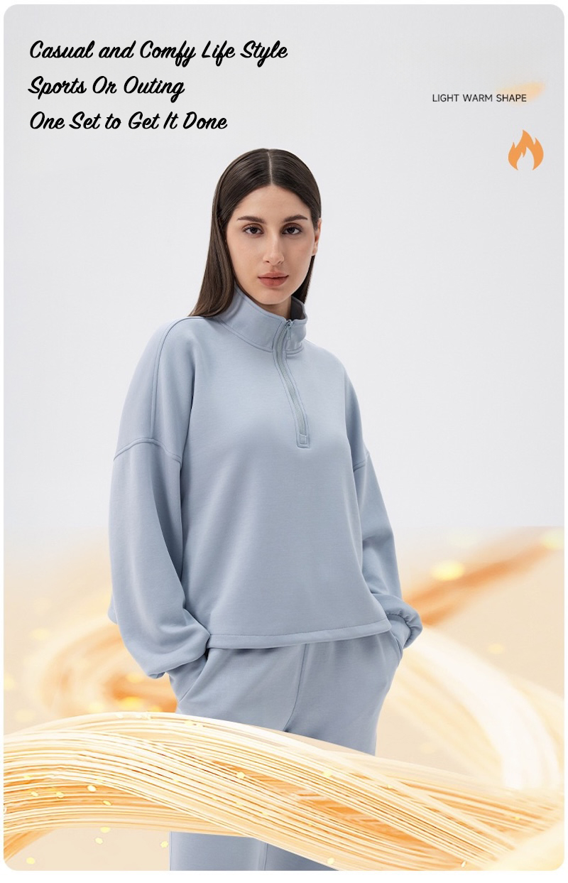 Factory New Design Luxury Soft Modal and Zipup Sweatsuits for Women, Private Label Half Zipper Pullover with Wide Leg Sweatpants Matching Casual Athletic Wear