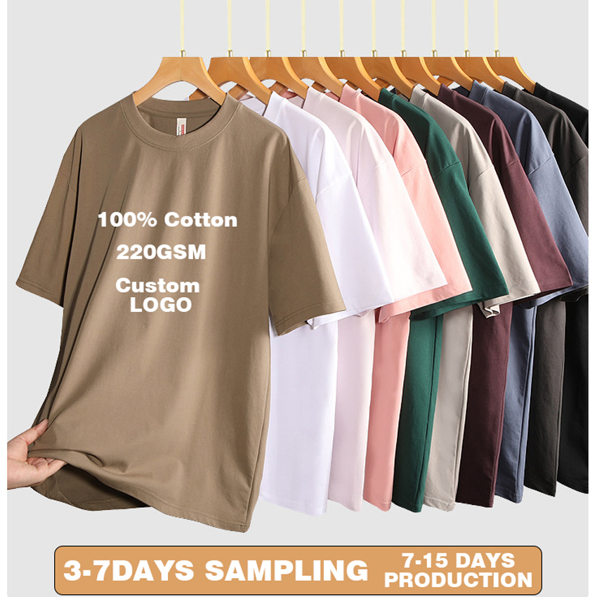 China 1688 Men's Summer 220GSM 100% Cotton Blank T Shirt High Quality Plain T Shirt Custom Oversize Boxy Fit Streetwear Basic Tshirt