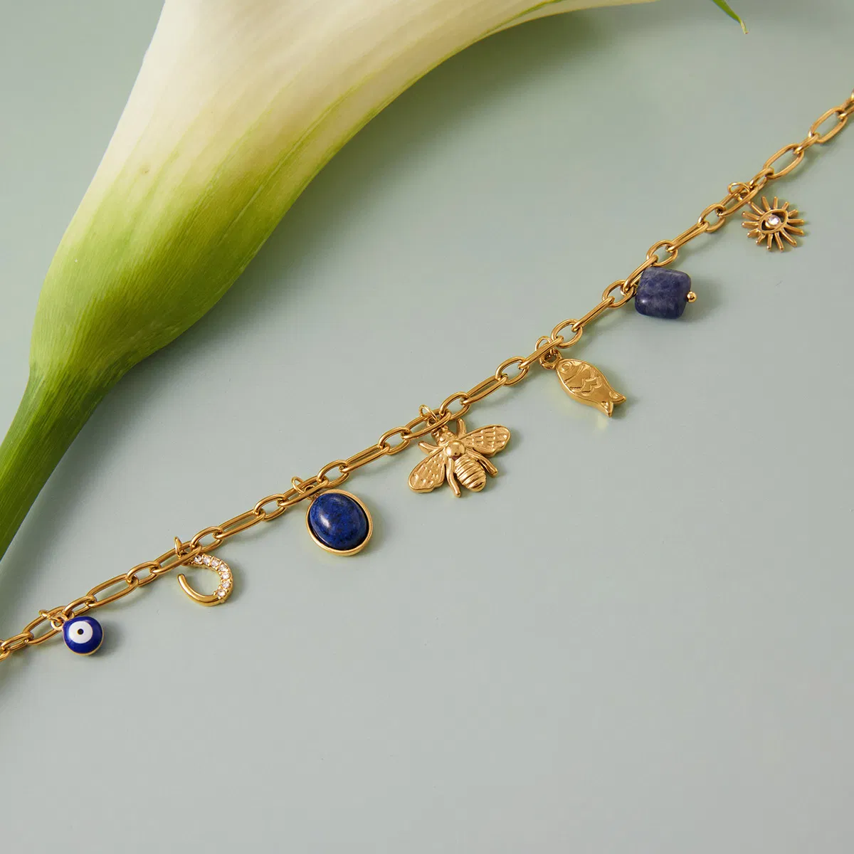 Lapis Lazuli Devil's Eye Bee Fish Small Charm Pendant Necklace European Vintage Waterproof Fashion Jewelry