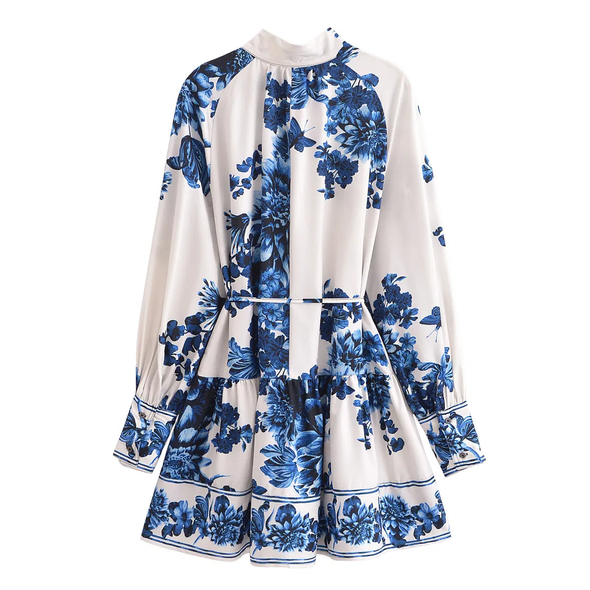 Fashion Women Long Sleeve Dress Waist Belt Tie Blue Floral Print Vintage Style Elegant Dress European Boutique Clothing French Style Ladies Wear Custom Clothing