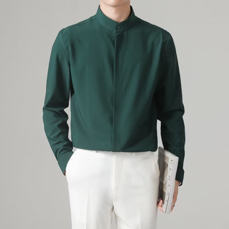 Men's High-End Stand up Collar Black and White Basic Color Shirt