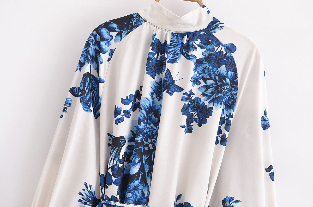 Fashion Women Long Sleeve Dress Waist Belt Tie Blue Floral Print Vintage Style Elegant Dress European Boutique Clothing French Style Ladies Wear Custom Clothing