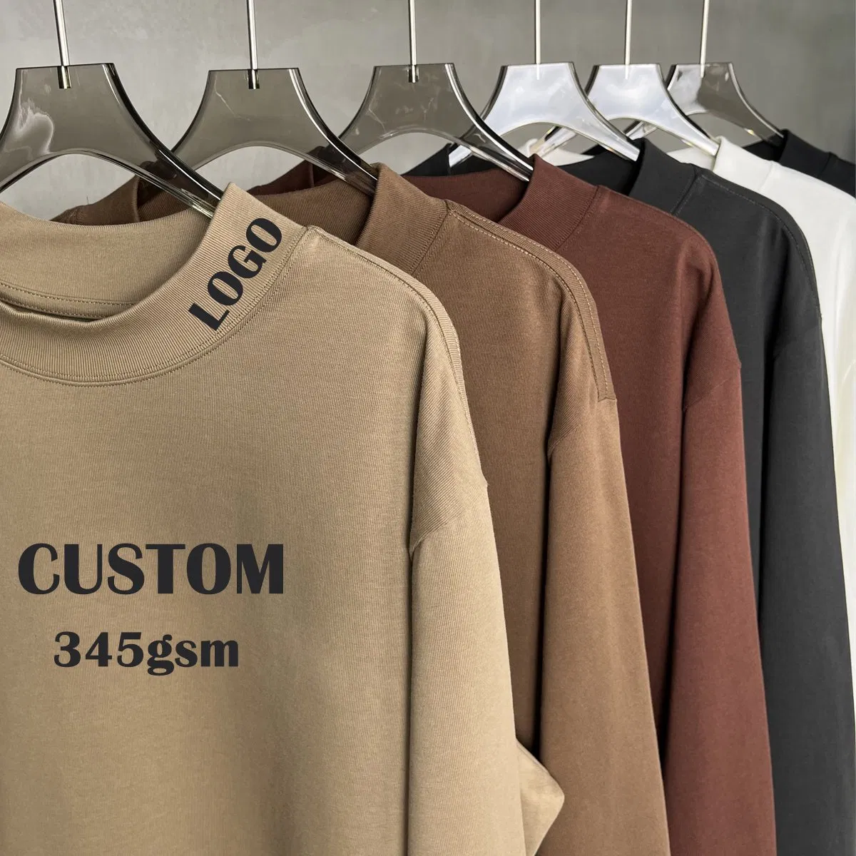 OEM Customized 3D Puff Printed 345g 100%Cotton Couple Fashion Streetwear Plus Size Blank Plain Mock Neck Basic Long Sleeve T Shirt for Men
