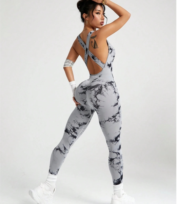 Women's Tie-Dye Criss-Cross Back Jumpsuit, Casual Fitness Sports Wear