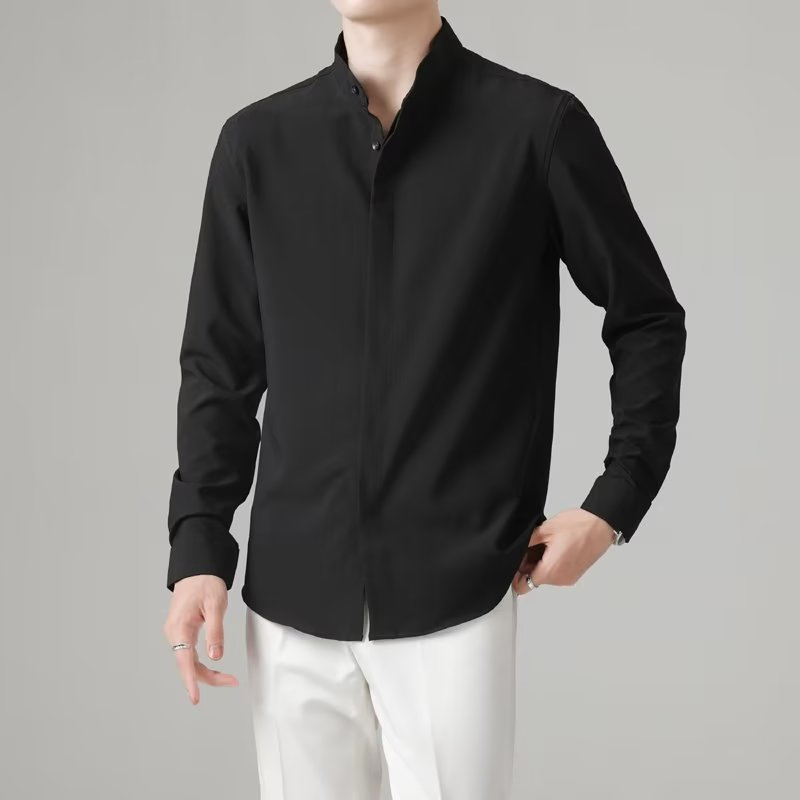 Men's High-End Stand up Collar Black and White Basic Color Shirt