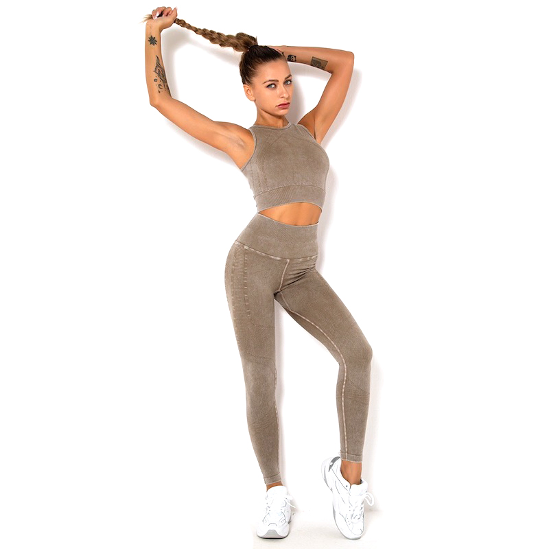 Tiktok Hot Blue Grey Denim Pattern Printed Fitness Clothes Sportswear for Women, Conservative Gym Top and Workout Leggings Jeans-Style Matching Athletic Sets