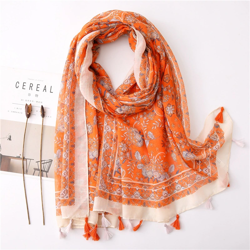 Ethnic Print Tassel Vacation Ployester Scarf Summer Flora Printing Wrap Female Rectangular Soft Lightweight Shawl