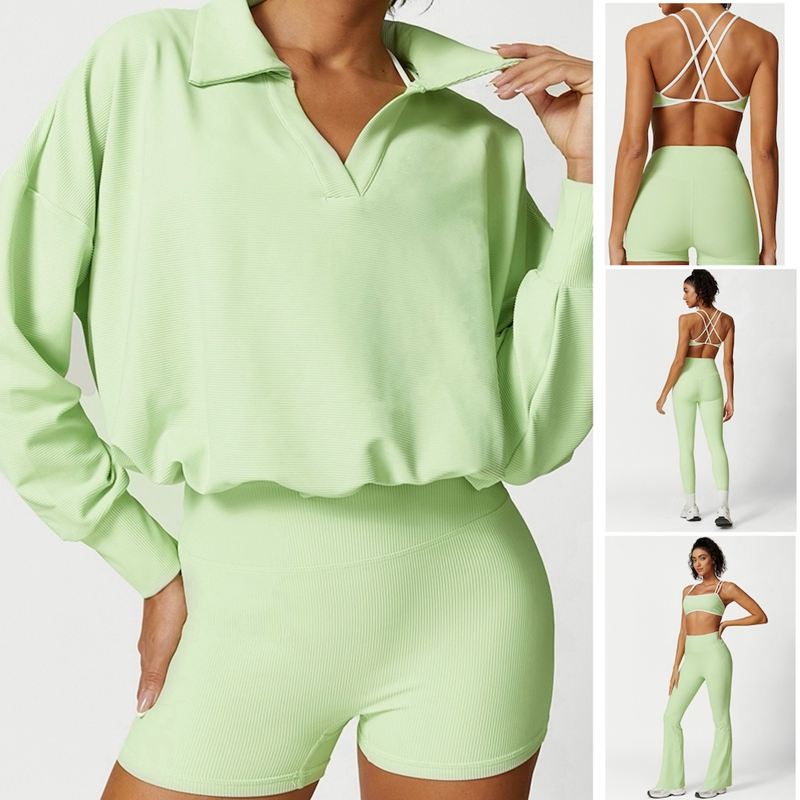 New Stylish 5 PCS Lounge Ribbed Activewear Set Cute Workout Clothes for Woman, Cute Strappy Yoga Bra + Gym Fitness Pants + Exercise Top Going out Athletic Wear