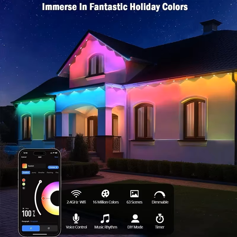 WiFi Smart Permanent Outdoor Lights APP Remote Voice Control Eaves LED Rgbic Light Waterproof Music Sync Timer for Holiday Decor