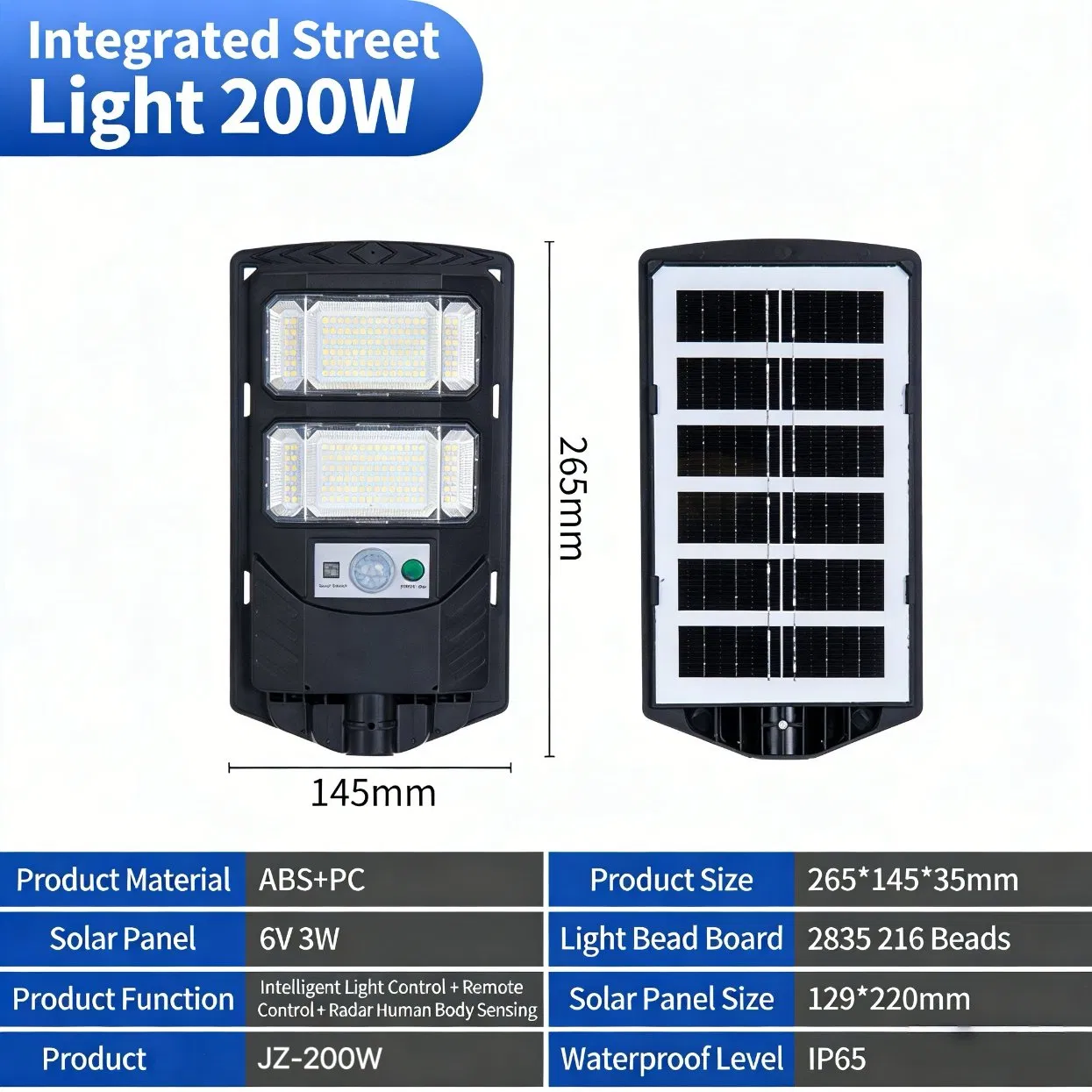 200W Solar Street Light Easy to Install Solar Powered LED Street Lamp for Street Road Park Garden Villa Community Commercial Plaza Lighting