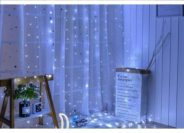 Copper Wire Curtain LED Light Strip Hook 3m X 3m, 300 LEDs, USB Powered, 8 Modes Remote Control Safety Window Light Decoration (Blue)
