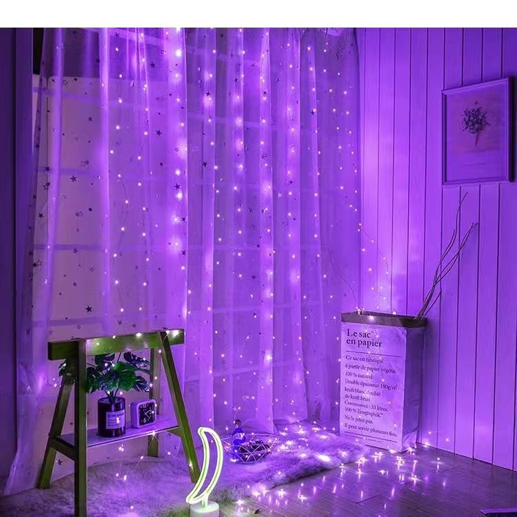 Copper Wire Curtain LED Light Strip Hook 3m X 3m, 300 LEDs, USB Powered, 8 Modes Remote Control Safety Window Light Decoration (Blue)