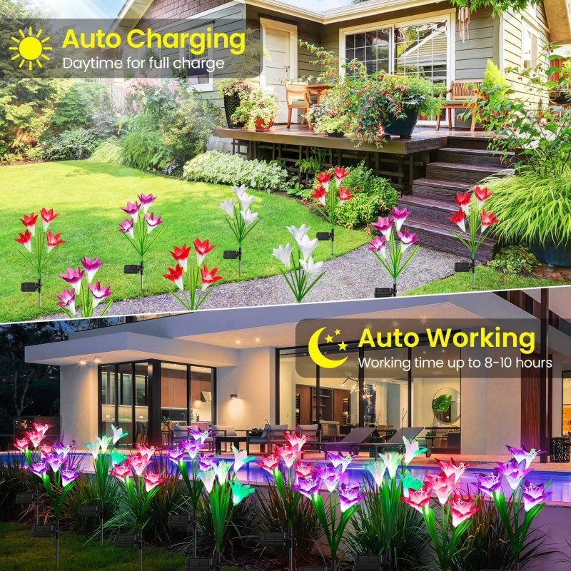 Solar Garden Stake Flower Lamp Outdoor Multi Color Changing LED Lily Powered Lawn Landscape Light