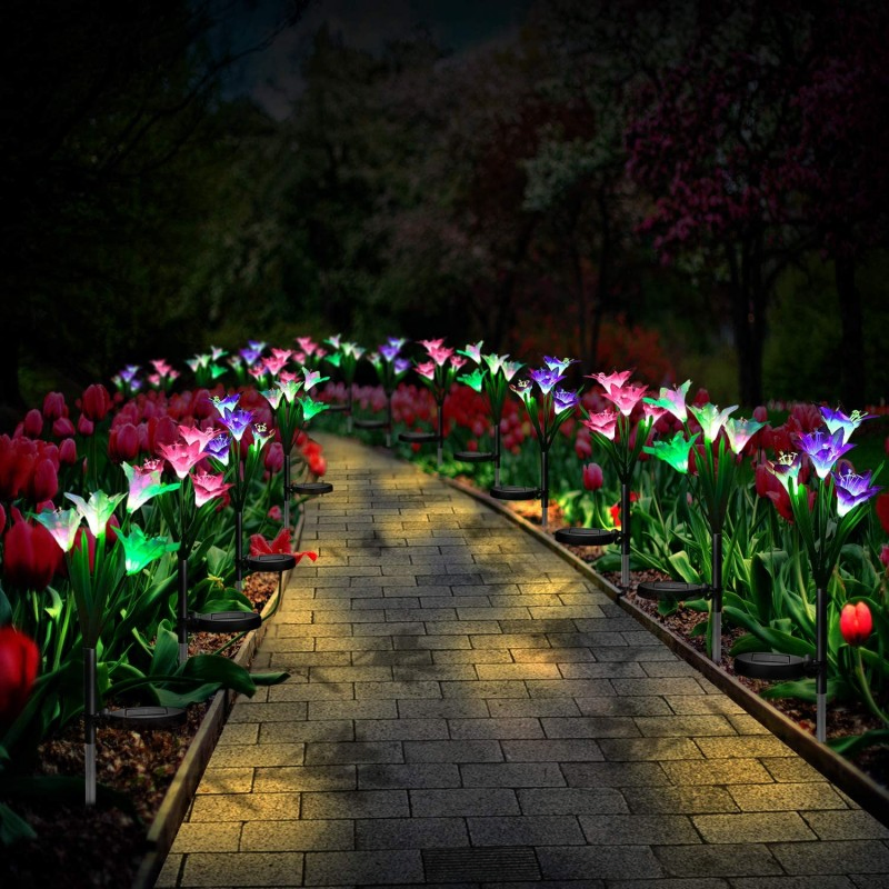 Solar Garden Stake Flower Lamp Outdoor Multi Color Changing LED Lily Powered Lawn Landscape Light