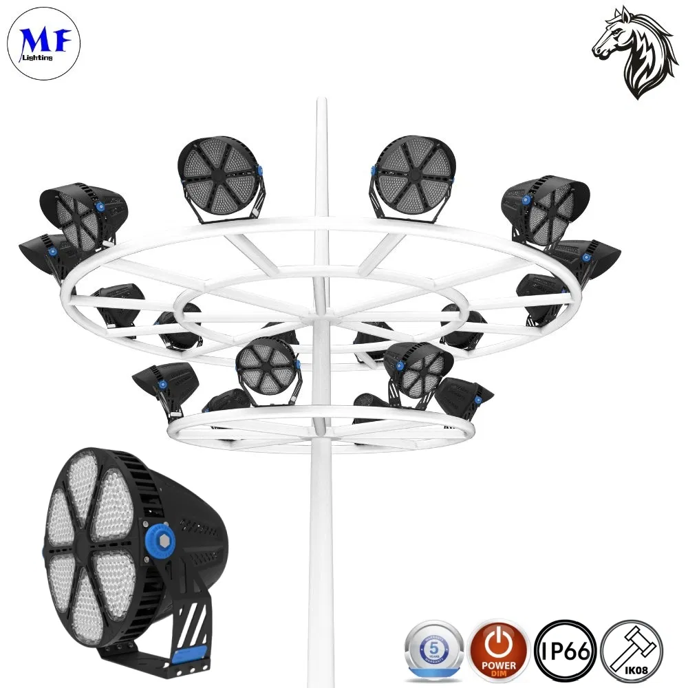 1000W 1200W LED High Power Floodlight IP65 15-30m LED Luminaries Polygonal High Mast Light for Tennis Court Large Sports Venues Plaza and Commercial Area Light