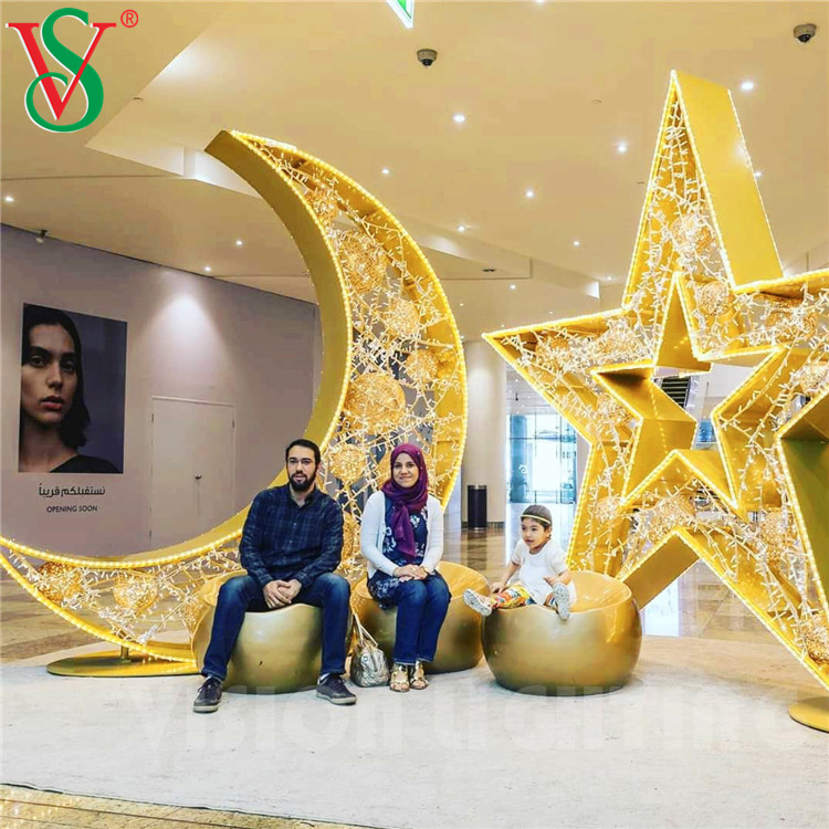 3D Ramadan Crescent Moon Star Lights for Shopping Mall Decorations