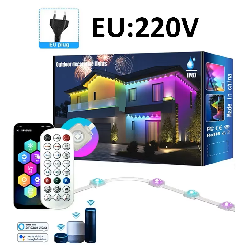 15m 30lamp Outdoor Eaves Lights Tuya Smart LED String APP RGB Light Strip WiFi Control Works with Alexa Google Home Assistant