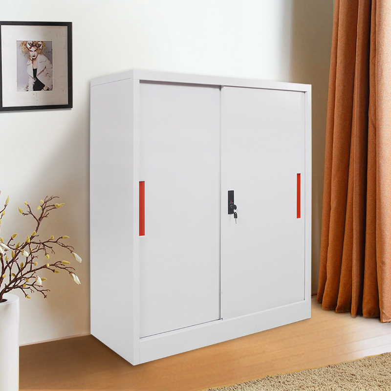 Steel Filing Cabinet Glass Sliding Door Lockable Office Storage Cupboard Adjustable Shelves Heavy Duty Metal Cabinet