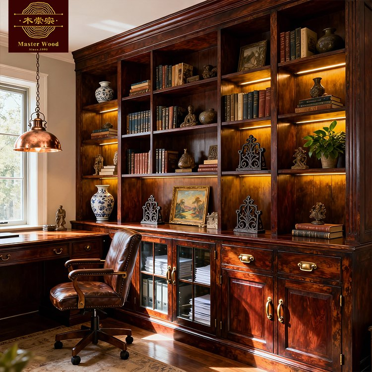 Whole House Customization Heritage Farmhouse Floor-to-Ceiling Warm Ambient Lighting Hidden Compartments for Private Office - Custom Bookcase