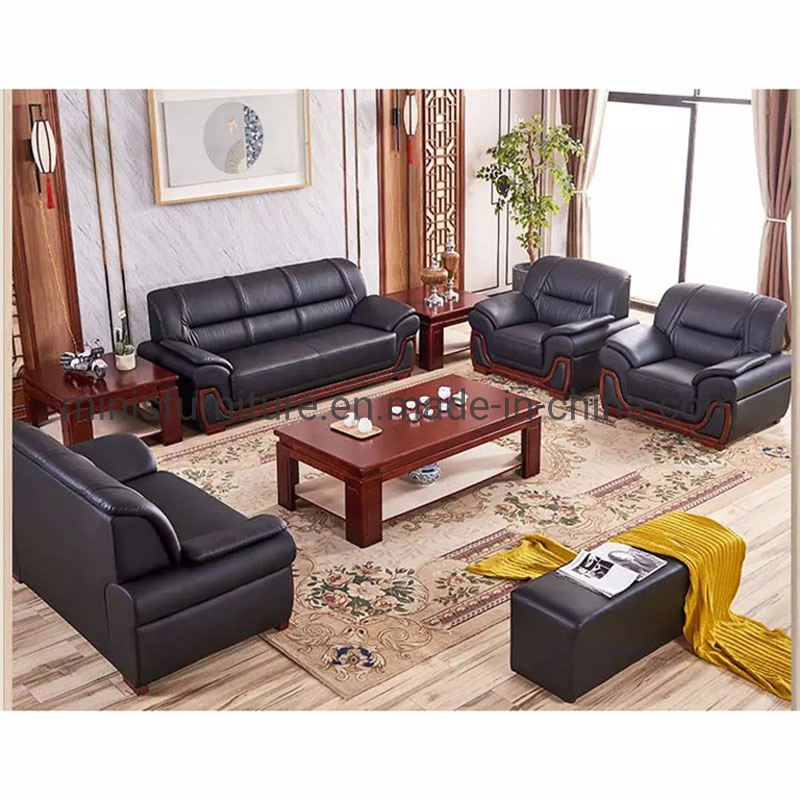 Chinese Commercial Home/Hotel Lounge/Office Furniture Wood Frame Black Leather Sofa