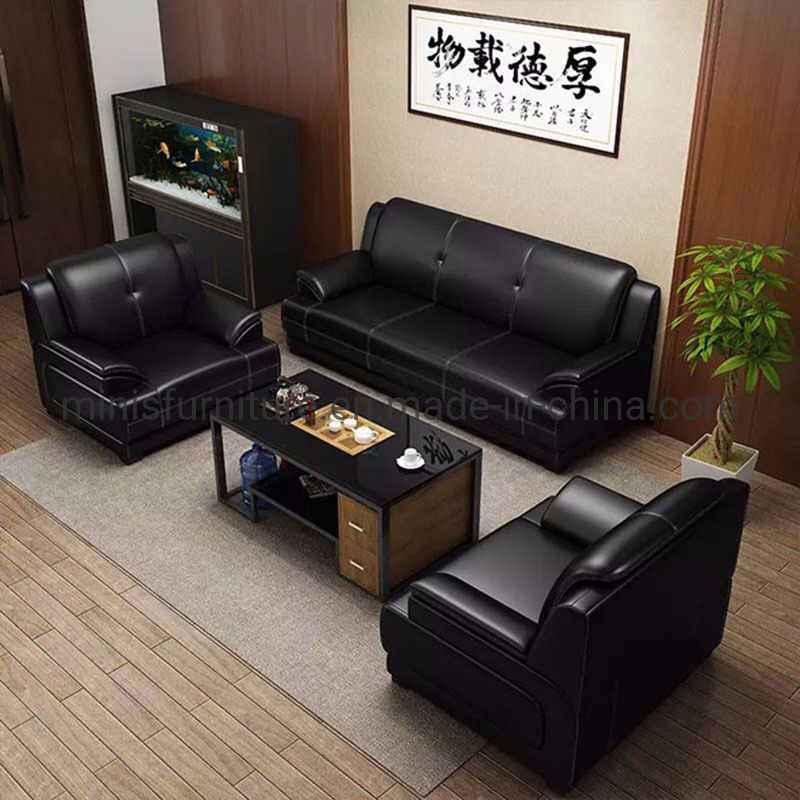 Chinese Commercial Home/Hotel Lounge/Office Furniture Wood Frame Black Leather Sofa