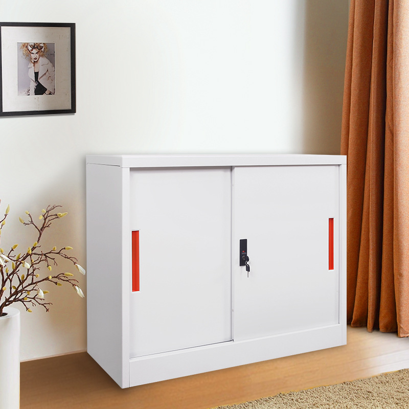 Steel Filing Cabinet Glass Sliding Door Lockable Office Storage Cupboard Adjustable Shelves Heavy Duty Metal Cabinet