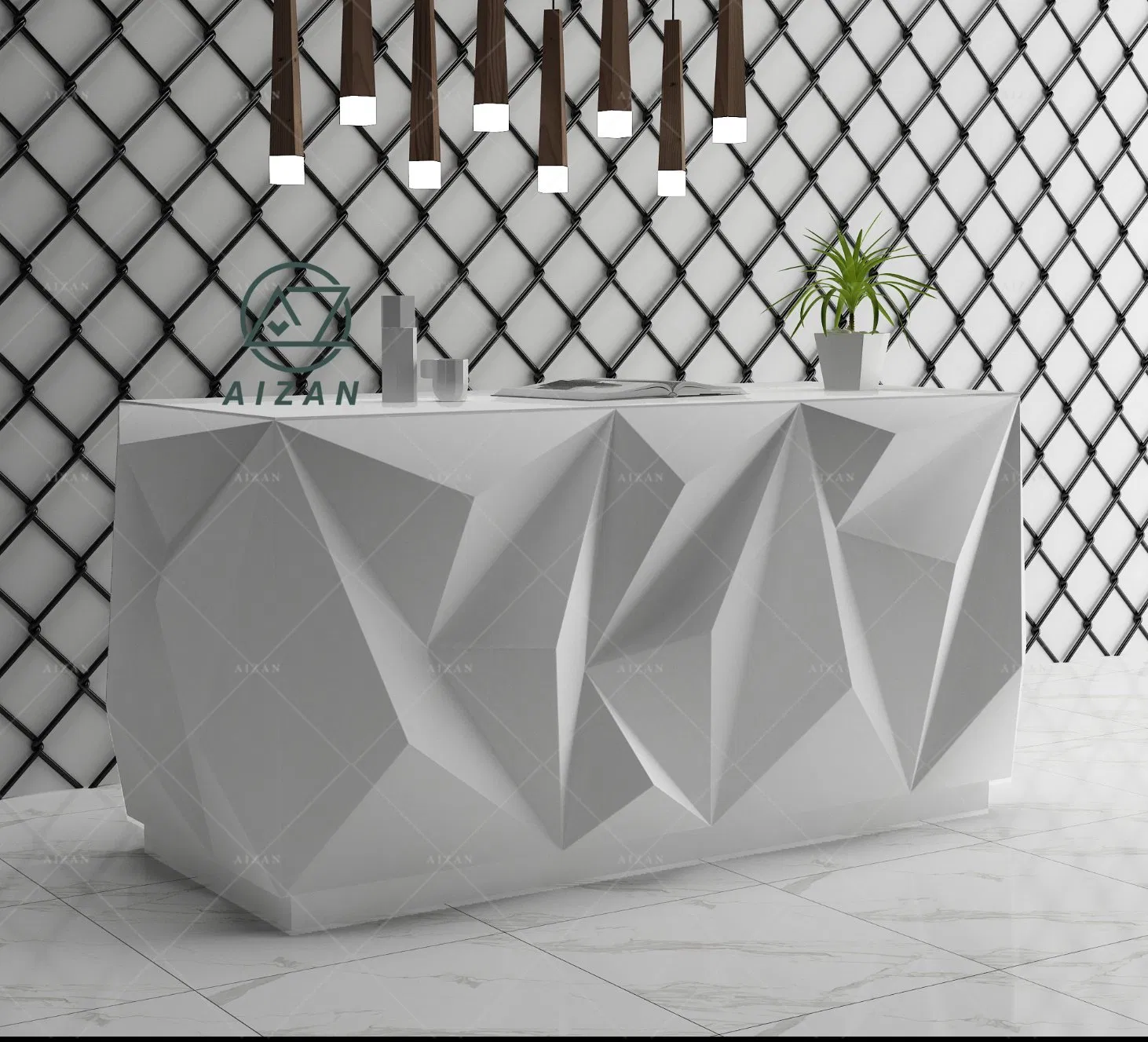 Solid Surface Top Information Counter Diamond Shape Front Desk White Reception Desk for Salon