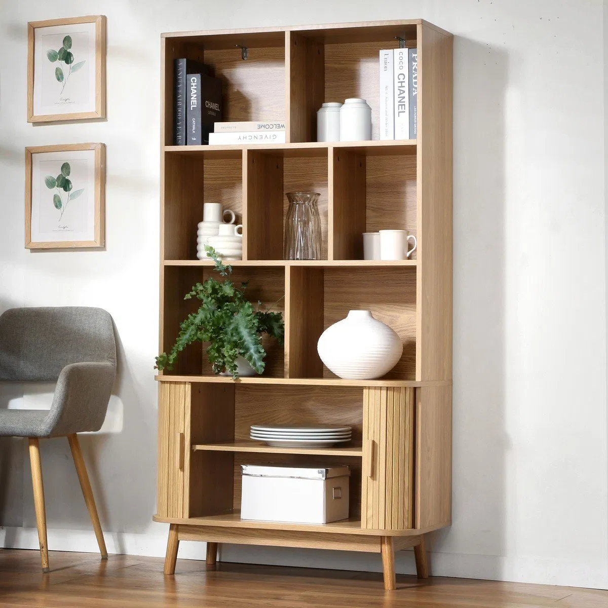 Minimalist Solid Wood Display Storage Bookcase with Two Panel Doors &amp; Clean Lines for Modern Home Library or Office Space