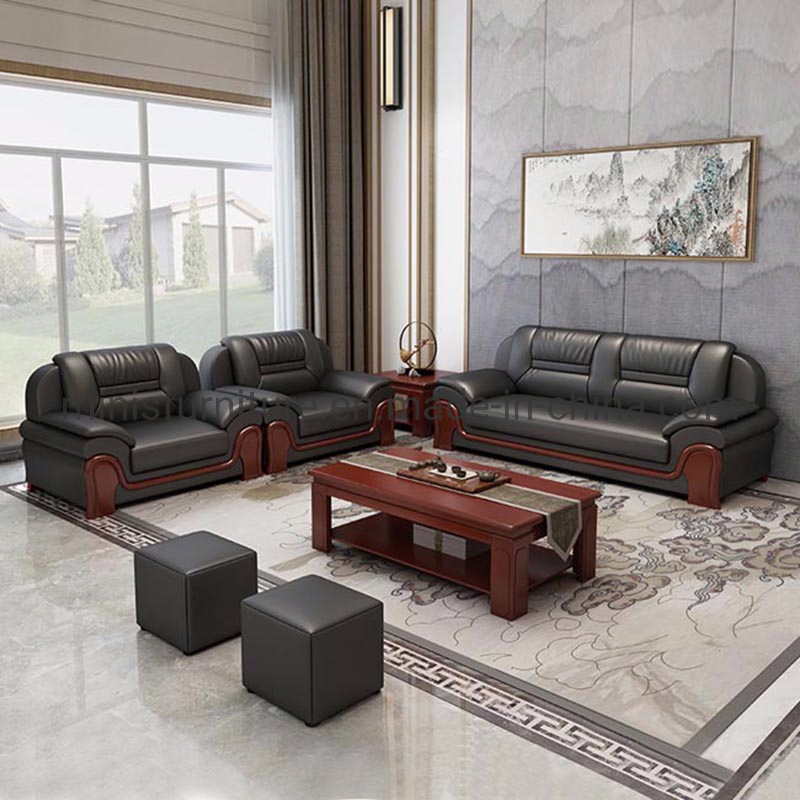Chinese Commercial Home/Hotel Lounge/Office Furniture Wood Frame Black Leather Sofa