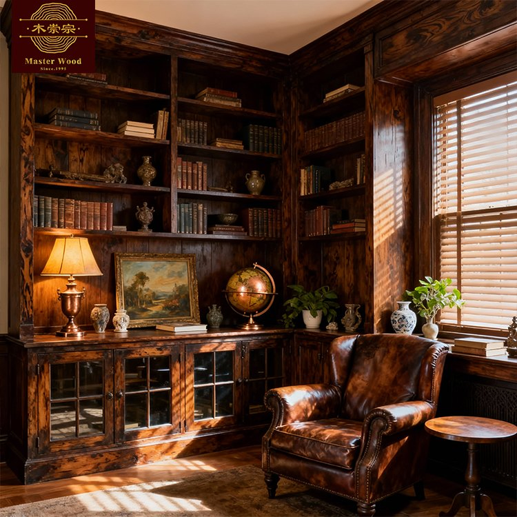 Custom Vintage Solid Wooden Full-Wall Book Cabinet Glass Door, Open Shelves &amp; Closed Cabinet Dust-Proof Display for Home Library &amp; Executive Office - Bookcase