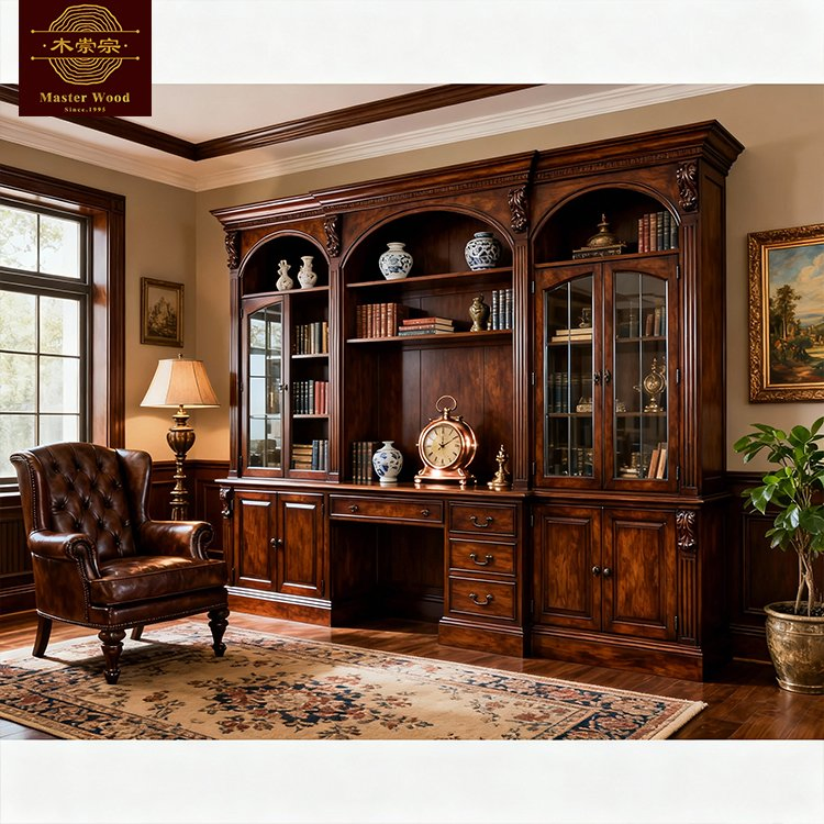 Custom Vintage Solid Wooden Full-Wall Book Cabinet Glass Door, Open Shelves &amp; Closed Cabinet Dust-Proof Display for Home Library &amp; Executive Office - Bookcase