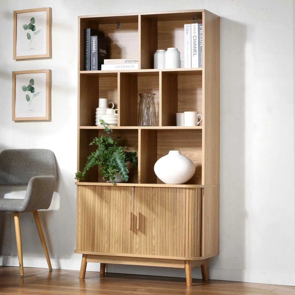 Minimalist Solid Wood Display Storage Bookcase with Two Panel Doors &amp; Clean Lines for Modern Home Library or Office Space