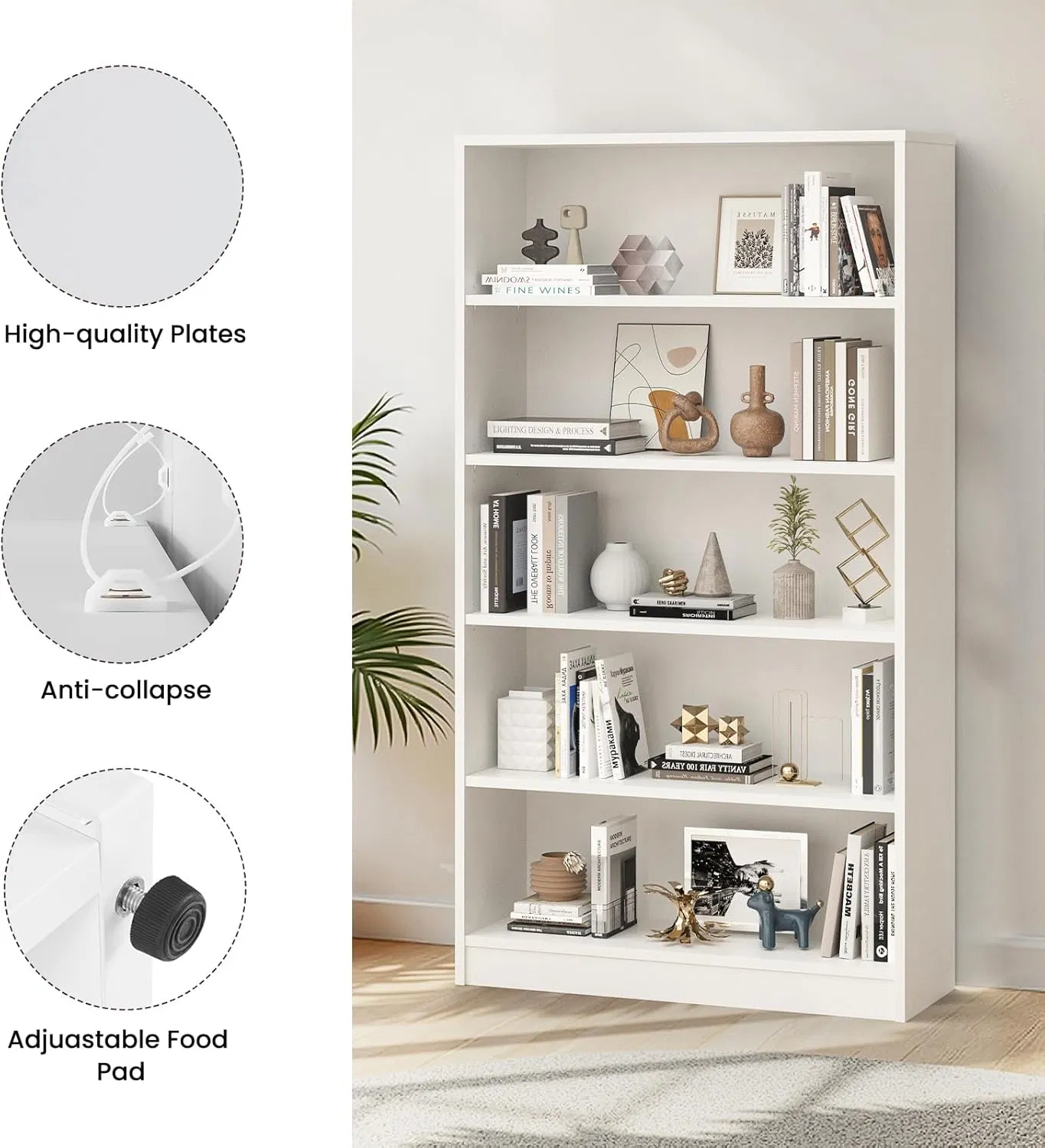 60 Inch Tall 5-Shelf Wooden Bookcase for Home Office, Study Room, Easy Assembly