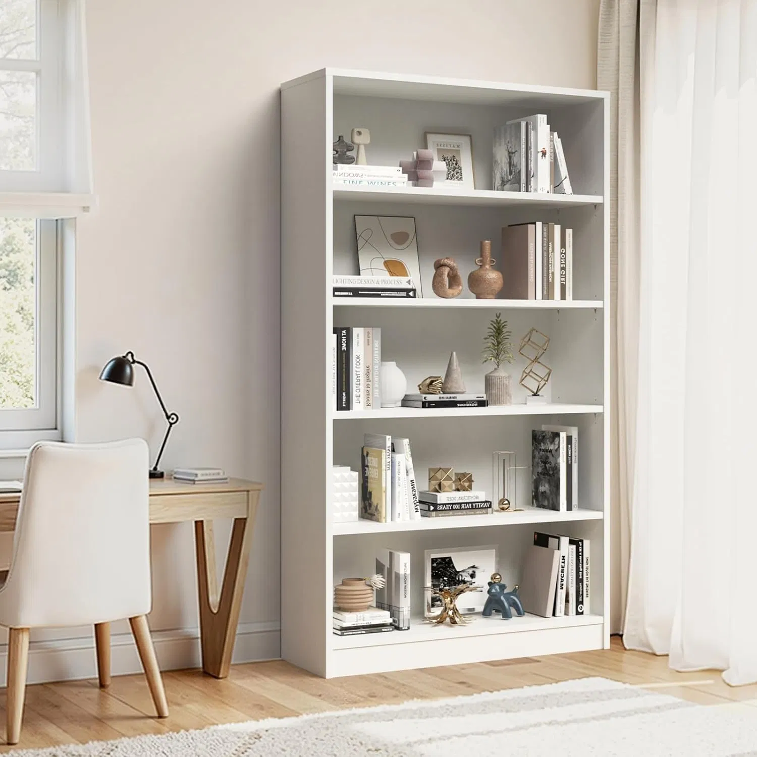 60 Inch Tall 5-Shelf Wooden Bookcase for Home Office, Study Room, Easy Assembly